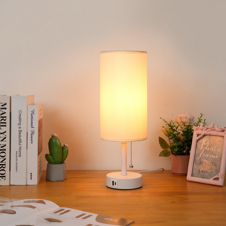 Brilagi - Bordlampe med USB-port TABLON 1xE27/25W/230V hvid/creme