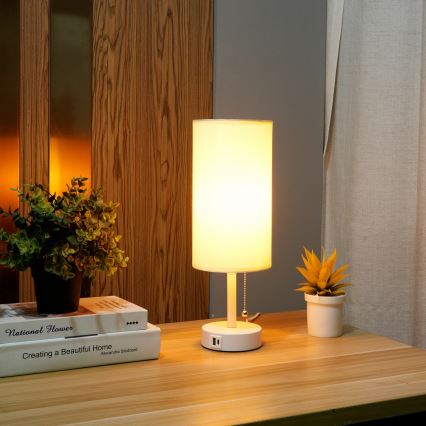 Brilagi - Bordlampe med USB-port TABLON 1xE27/25W/230V hvid/creme