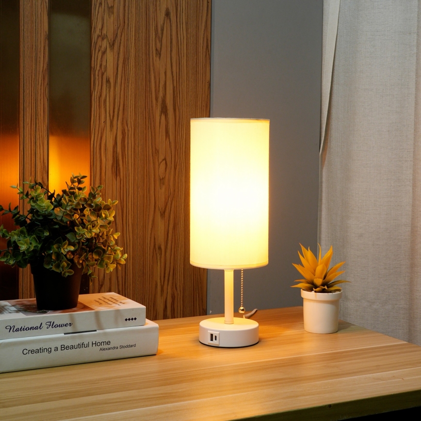 Brilagi - Bordlampe med USB-port TABLON 1xE27/25W/230V hvid/creme