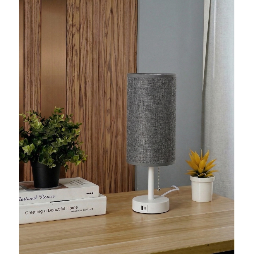 Brilagi - Bordlampe med USB-port TABLON 1xE27/25W/230V hvid/grå