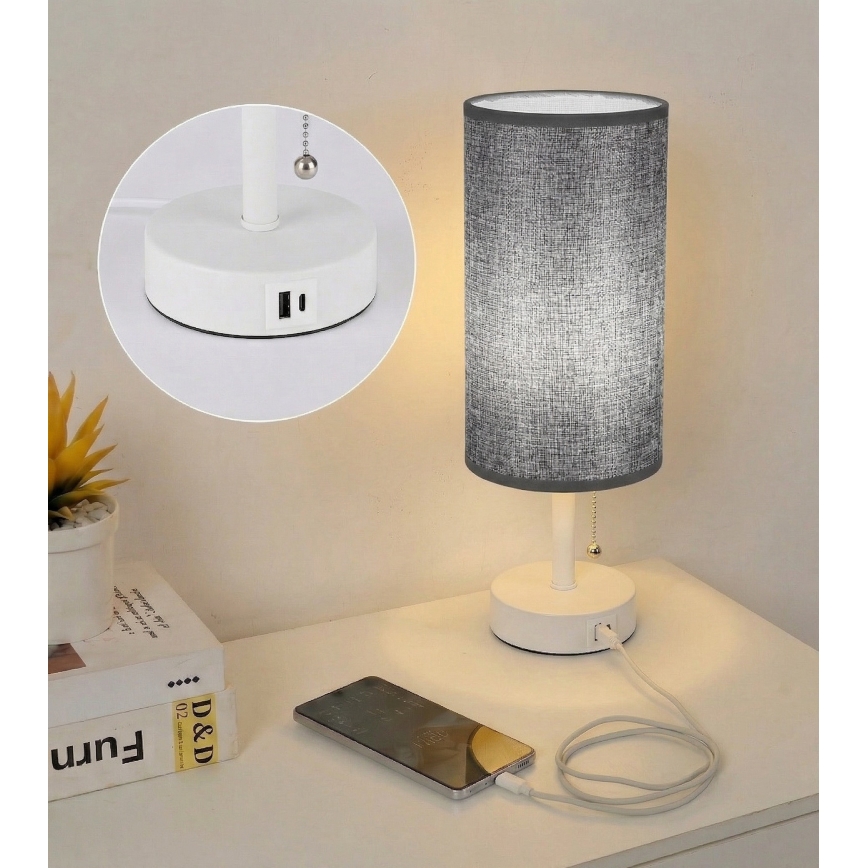 Brilagi - Bordlampe med USB-port TABLON 1xE27/25W/230V hvid/grå