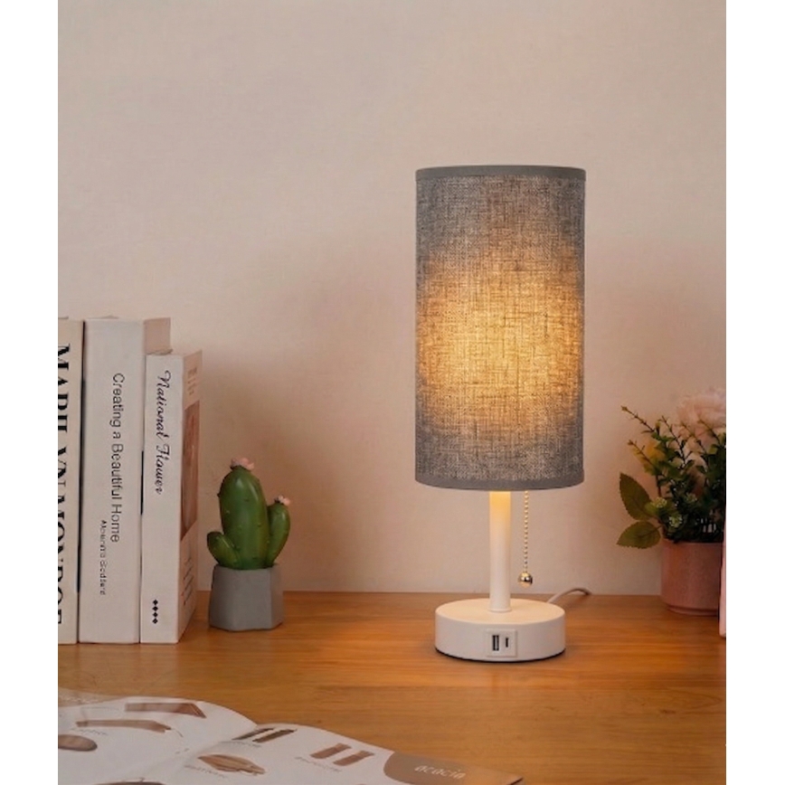Brilagi - Bordlampe med USB-port TABLON 1xE27/25W/230V hvid/grå