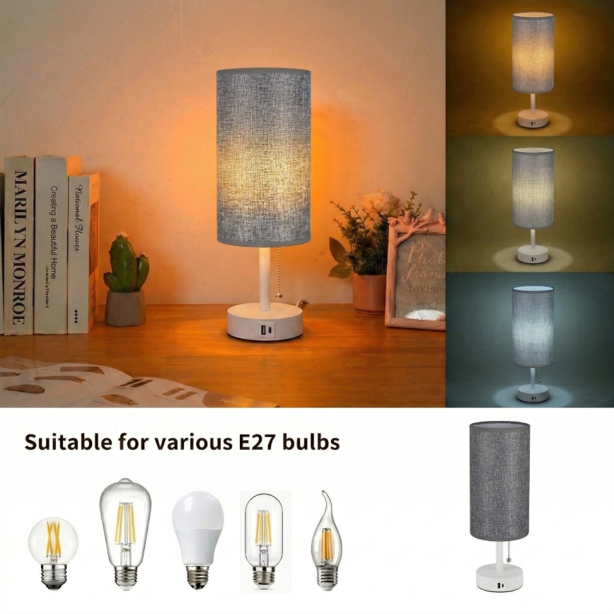 Brilagi - Bordlampe med USB-port TABLON 1xE27/25W/230V hvid/grå