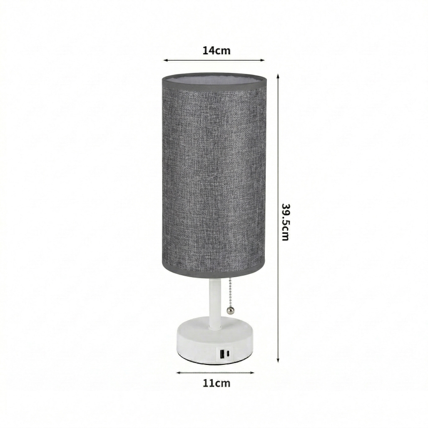 Brilagi - Bordlampe med USB-port TABLON 1xE27/25W/230V hvid/grå