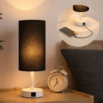 Brilagi - Bordlampe med USB-port TABLON 1xE27/25W/230V hvid/sort