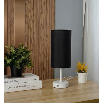 Brilagi - Bordlampe med USB-port TABLON 1xE27/25W/230V hvid/sort