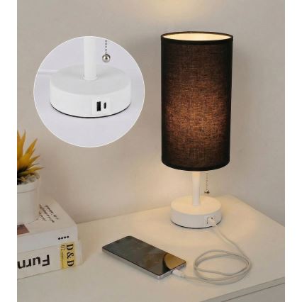 Brilagi - Bordlampe med USB-port TABLON 1xE27/25W/230V hvid/sort
