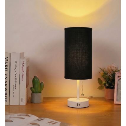 Brilagi - Bordlampe med USB-port TABLON 1xE27/25W/230V hvid/sort