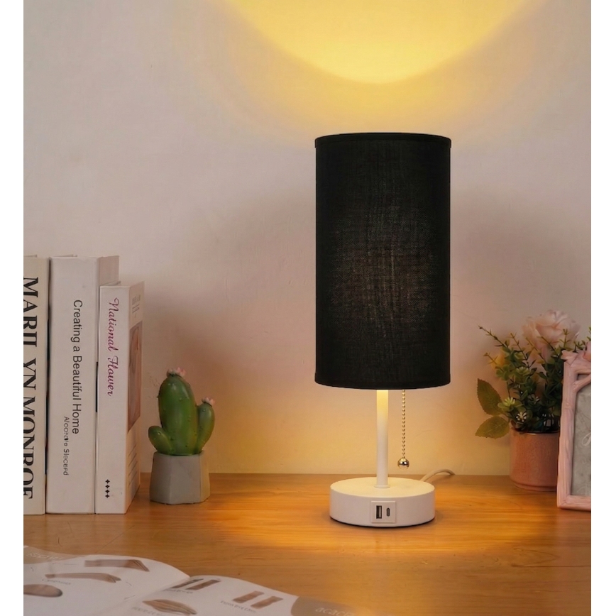 Brilagi - Bordlampe med USB-port TABLON 1xE27/25W/230V hvid/sort