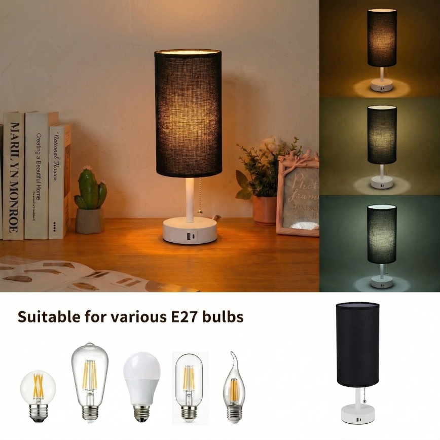 Brilagi - Bordlampe med USB-port TABLON 1xE27/25W/230V hvid/sort