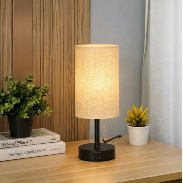 Brilagi - Bordlampe med USB-port TABLON 1xE27/25W/230V sort/beige