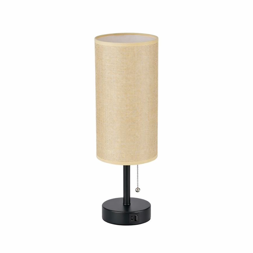 Brilagi - Bordlampe med USB-port TABLON 1xE27/25W/230V sort/beige