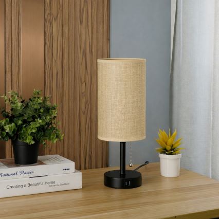 Brilagi - Bordlampe med USB-port TABLON 1xE27/25W/230V sort/beige