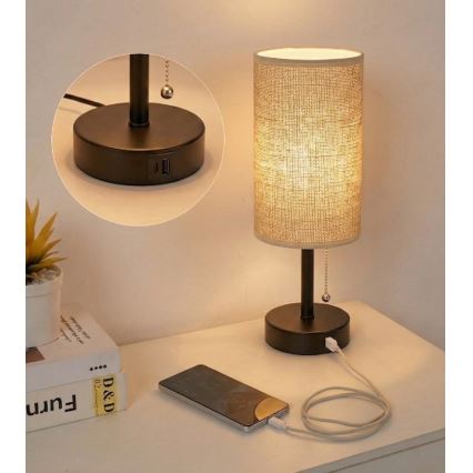 Brilagi - Bordlampe med USB-port TABLON 1xE27/25W/230V sort/beige