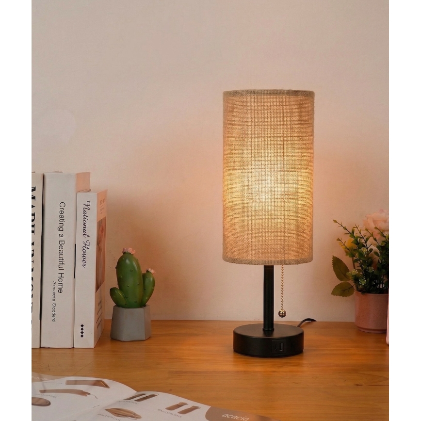 Brilagi - Bordlampe med USB-port TABLON 1xE27/25W/230V sort/beige