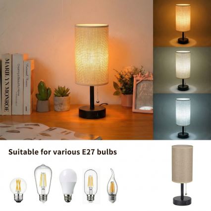 Brilagi - Bordlampe med USB-port TABLON 1xE27/25W/230V sort/beige