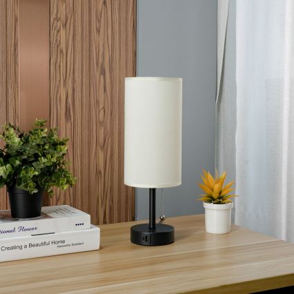 Brilagi - Bordlampe med USB-port TABLON 1xE27/25W/230V sort/creme