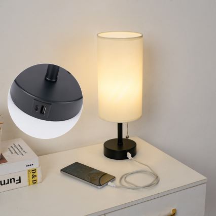 Brilagi - Bordlampe med USB-port TABLON 1xE27/25W/230V sort/creme