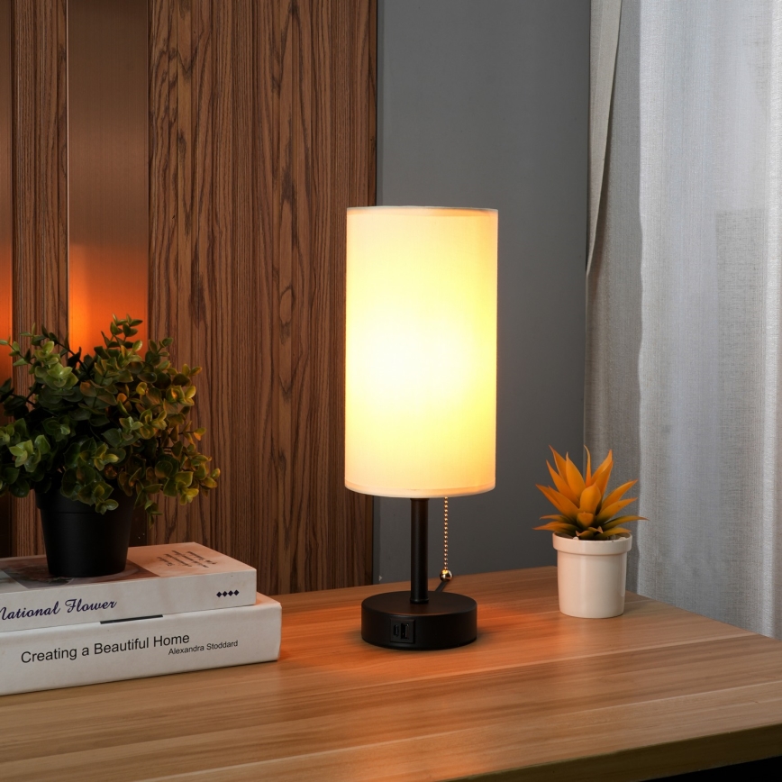 Brilagi - Bordlampe med USB-port TABLON 1xE27/25W/230V sort/creme