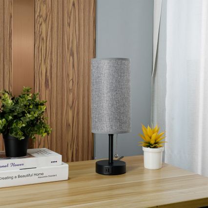 Brilagi - Bordlampe med USB-port TABLON 1xE27/25W/230V sort/grå