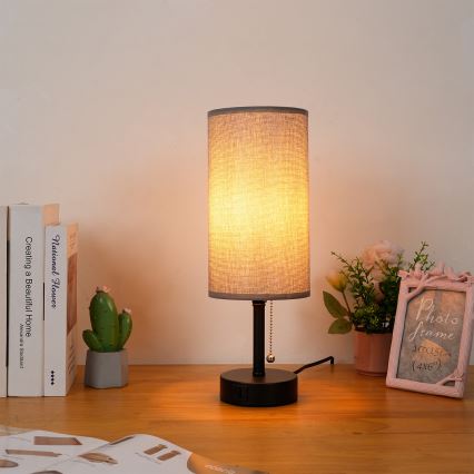 Brilagi - Bordlampe med USB-port TABLON 1xE27/25W/230V sort/grå