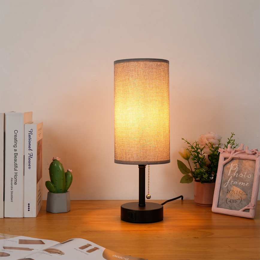 Brilagi - Bordlampe med USB-port TABLON 1xE27/25W/230V sort/grå