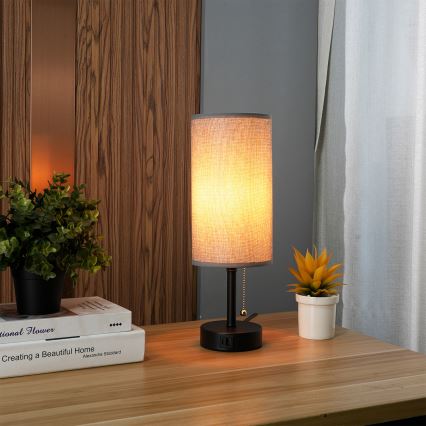 Brilagi - Bordlampe med USB-port TABLON 1xE27/25W/230V sort/grå