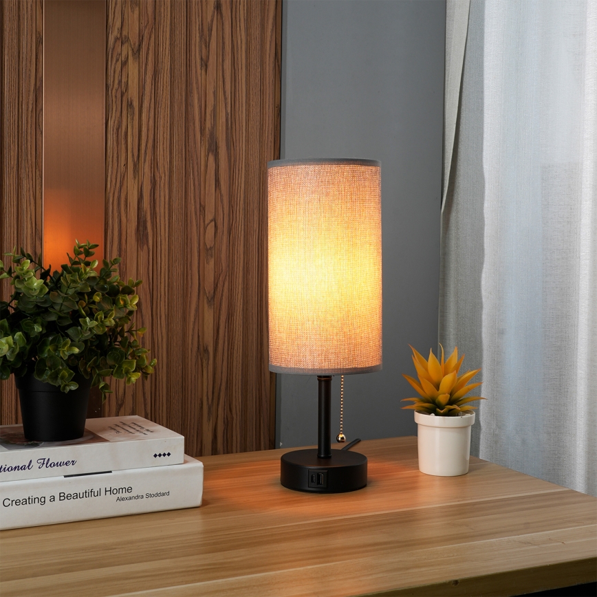 Brilagi - Bordlampe med USB-port TABLON 1xE27/25W/230V sort/grå