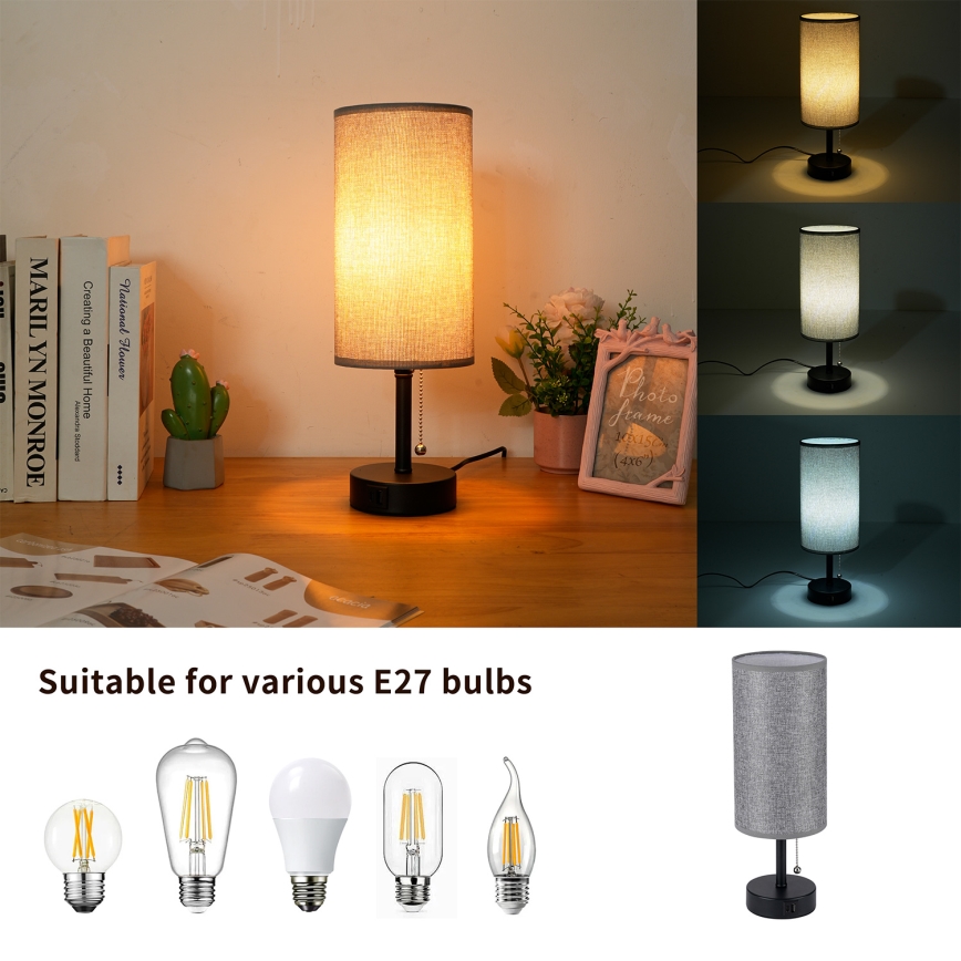 Brilagi - Bordlampe med USB-port TABLON 1xE27/25W/230V sort/grå