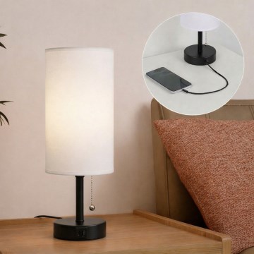Brilagi - Bordlampe med USB-port TABLON 1xE27/25W/230V sort/hvid