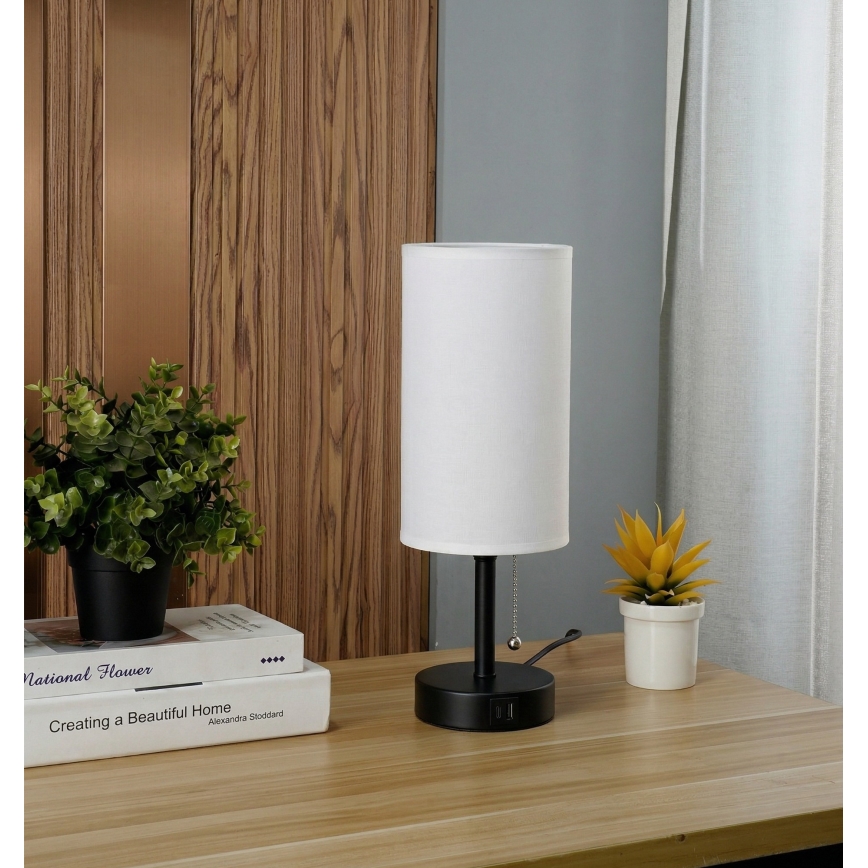 Brilagi - Bordlampe med USB-port TABLON 1xE27/25W/230V sort/hvid