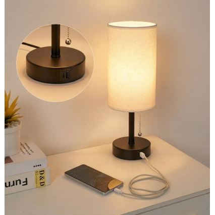 Brilagi - Bordlampe med USB-port TABLON 1xE27/25W/230V sort/hvid