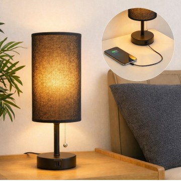 Brilagi - Bordlampe med USB-port TABLON 1xE27/25W/230V sort