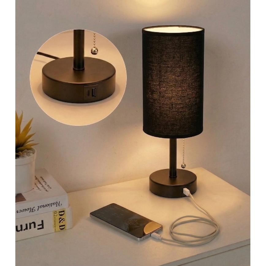 Brilagi - Bordlampe med USB-port TABLON 1xE27/25W/230V sort