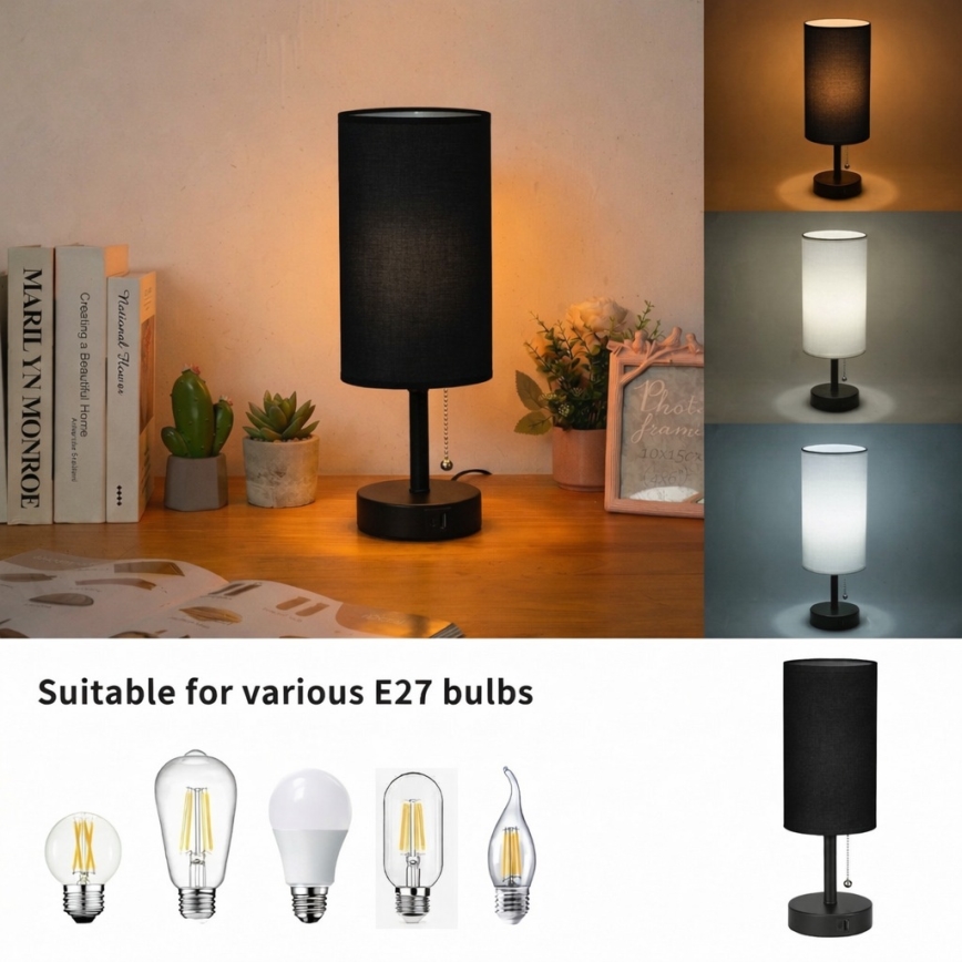 Brilagi - Bordlampe med USB-port TABLON 1xE27/25W/230V sort