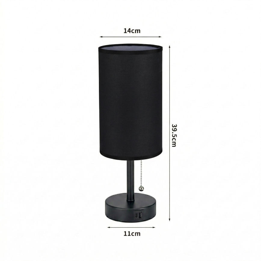 Brilagi - Bordlampe med USB-port TABLON 1xE27/25W/230V sort