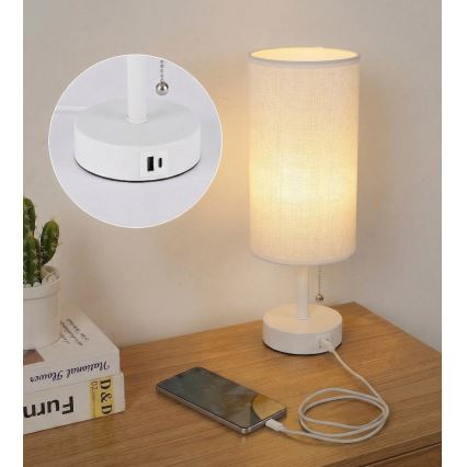 Brilagi - Bordlampe TABLON med USB-port 1xE27/25W/230V hvid