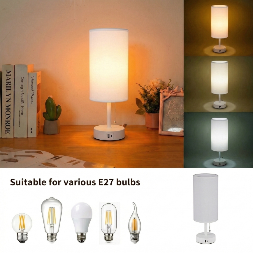 Brilagi - Bordlampe TABLON med USB-port 1xE27/25W/230V hvid