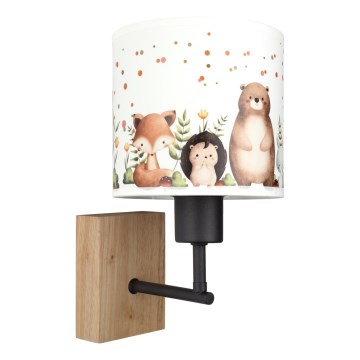Brilagi - Børnevæglampe BOBO WOOD 1xE27/25W/230V eg/sort/hvid/dyremotiv