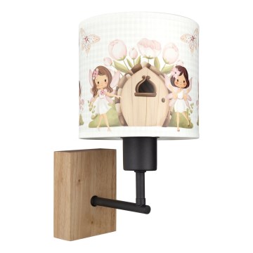 Brilagi - Børnevæglampe BOBO WOOD 1xE27/25W/230V eg/sort/hvid/lyserød/feer