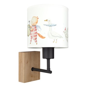 Brilagi - Børnevæglampe BOBO WOOD 1xE27/25W/230V eg/sort/hvid/med dyremotiv