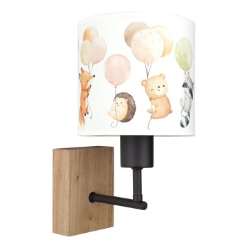 Brilagi - Børnevæglampe BOBO WOOD 1xE27/25W/230V eg/sort/hvid/med dyremotiv