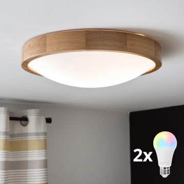 Brilagi - CARVALHO SLIM LED RGBW dæmpbar loftlampe 2xE27/9W/230V 2700-6500K Wi-Fi, egetræ, Ø37 cm