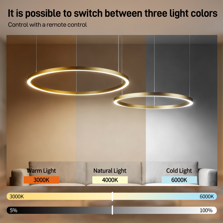 Brilagi - Dæmpbar LED-pendel på wire PORTOFINO LED/98W/230V 3000-6000K guld + fjernbetjening