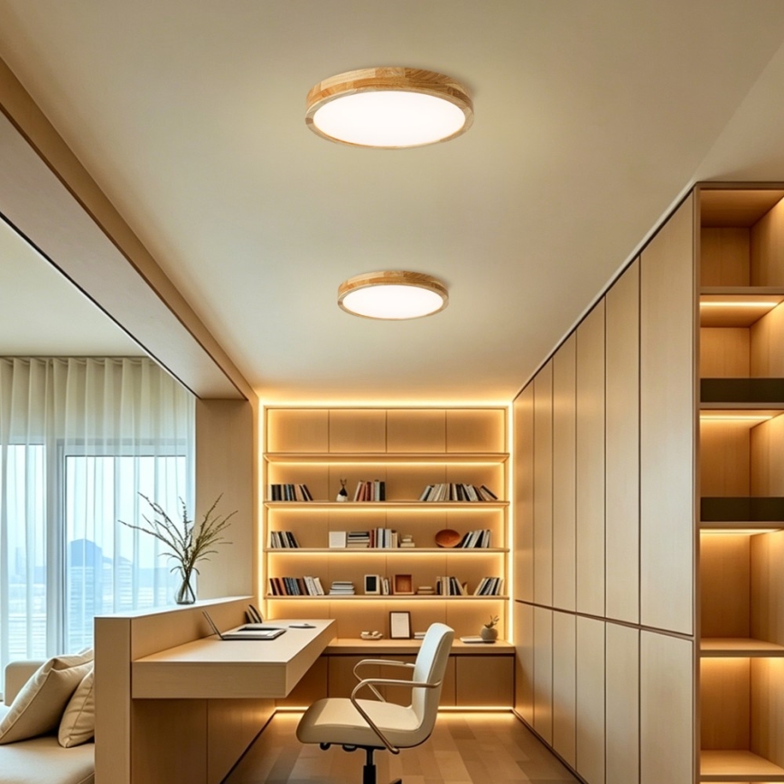 Brilagi - WOODLINE LED/48W/230V, dæmpbar loftlampe, 3000-6000K, eg, Ø 40 cm + fjernbetjening