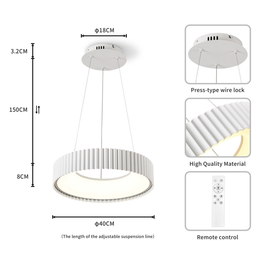 Brilagi - LED-dæmpbar pendel på wire FALCON MODERN LED/30W/230V 3000-6000K Ø 40 cm hvid + fjernbetjening
