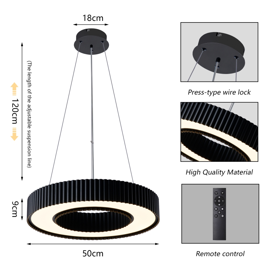 Brilagi - LED dæmpbar pendel på wire LUMIX LED/48W/230V 3000-6000K sort Ø 50 cm + fjernbetjening