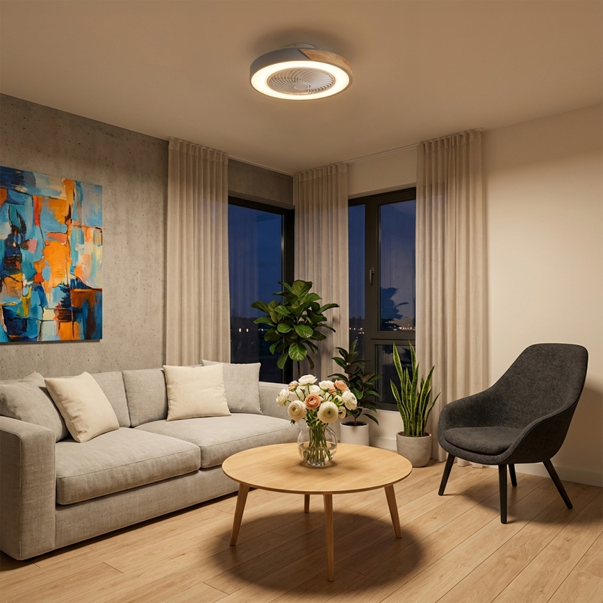 Brilagi - Dæmpbar LED-loftlampe med loftventilator LED/38W/230V 3000-6500K 3000-6500K Ø 50 cm grå/eg + fjernbetjening