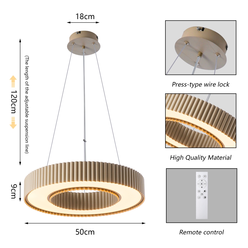 Brilagi - Dæmpbar LED-pendel på wire LUMIX LED/48W/230V 3000–6000K beige Ø 50 cm + fjernbetjening