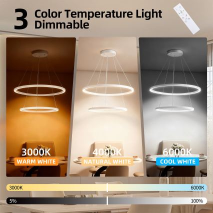 Brilagi - LED dæmpbar pendel på wire PORTOFINO LED/98W/230V 3000-6000K Ø 80 cm hvid + fjernbetjening